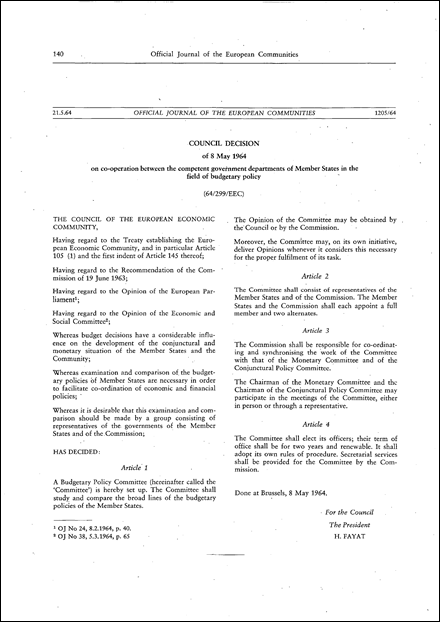 64/299/EEC: Council Decision of 8 May 1964 on co-operation between the competent government departments of Member States in the field of budgetary policy