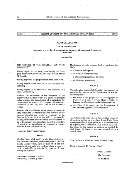66/161/EEC: Council Decision of 28 February 1966 instituting a procedure for consultation in respect of transport infrastructure investment