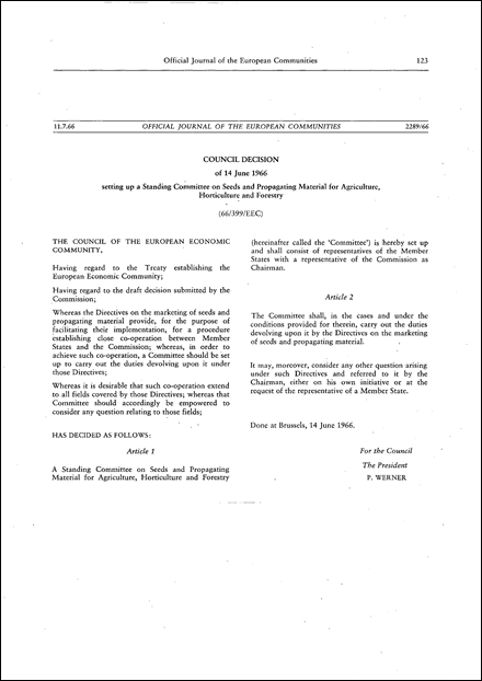 66/399/EEC: Council Decision of 14 June 1966 setting up a Standing Committee on Seeds and Propagating Material for Agriculture, Horticulture and Forestry (repealed)