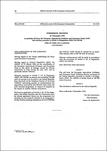 Commission Decision of 3 December 1970 on granting aid from the European Agricultural Guidance and Guarantee Fund, Guidance Section, pursuant to Article 2 of Regulation (EEC) No 349/68