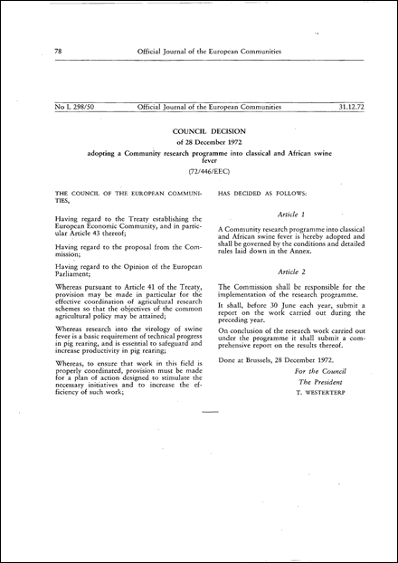 72/446/EEC: Council Decision of 28 December 1972 adopting a Community research programme into classical and African swine fever