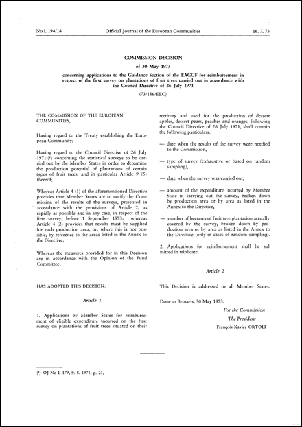 73/186/EEC: Commission Decision of 30 May 1973 concerning applications to the Guidance Section of the EAGGF for reimbursement in respect of the first survey on plantations of fruit trees carried out in accordance with the Council Directive of 26 July 1971