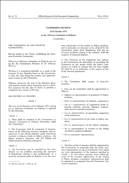73/429/EEC: Commission Decision of 31 October 1973 on the Advisory Committee on Fisheries