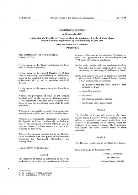 Commission Decision of 29 November 1973 authorizing the Republic of France to allow the marketing of seeds of white clover subject to reduced requirements up to and including 30 June 1974
