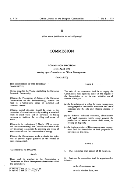 76/431/EEC: Commission Decision of 21 April 1976 setting up a Committee on Waste Management
