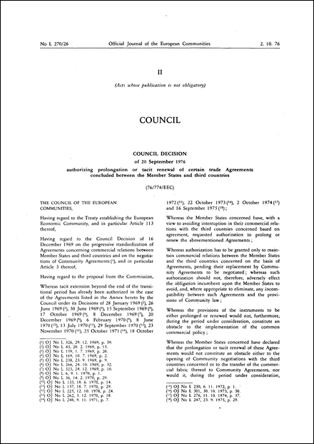Council Decision of 20 September 1976 authorizing prolongation or tacit renewal of certain trade Agreements concluded between the Member States and third countries