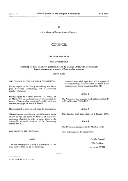 76/971/EEC: Council Decision of 13 December 1976 amending for 1977 the import quotas laid down by Decision 75/210/EEC on unilateral import arrangements in respect of State-trading countries