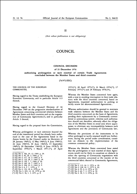 Council Decision of 21 December 1976 authorizing prolongation or tacit renewal of certain Trade Agreements concluded between the Member States and third countries