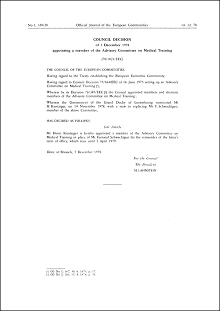78/1021/EEC: Council Decision of 5 December 1978 appointing a member of the Advisory Committee on Medical Training