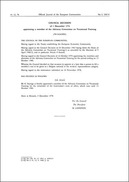 78/1024/EEC: Council Decision of 5 December 1978 appointing a member of the Advisory Committee on Vocational Training