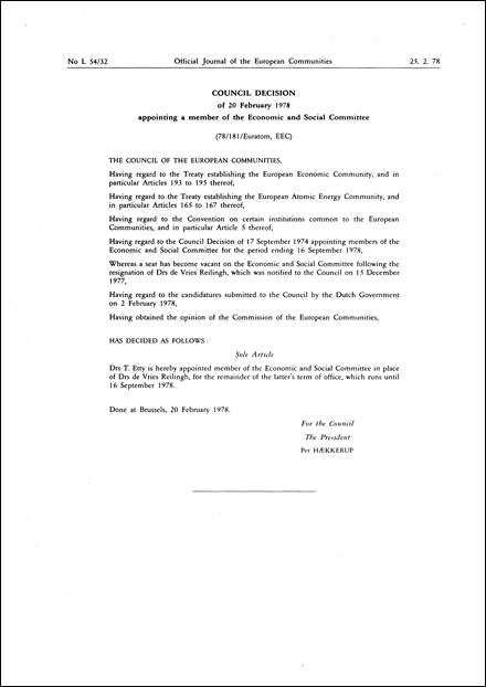, EEC: * Council Decision of 20 February 1978 appointing a member of the Economic and Social Committee