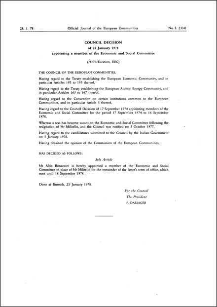 , EEC: * Council Decision of 23 January 1978 appointing a member of the Economic and Social Committee