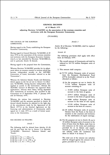 79 310 Eec Council Decision Of 19 March 1979 Adjusting Decision 76 568 Eec On The