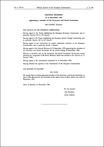 80/1106/EEC, Euratom: Council Decision of 25 November 1980 appointing a member of the Economic and Social Committee