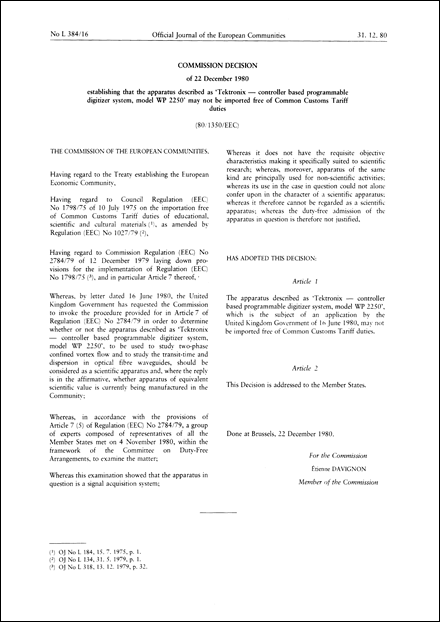 Commission Decision of 22 December 1980 establishing that the apparatus described as 'Tektronix- controller based programmable digitizer system, model WP 2250' may not be imported free of Common Customs Tariff duties
