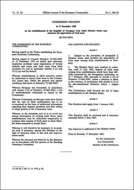 82/954/EEC: Commission Decision of 17 December 1982 on the establishments in the Republic of Paraguay from which Member States may authorize the importation of fresh meat