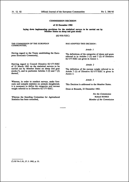 82/958/EEC: Commission Decision of 22 December 1982 laying down implementing provisions for the statistical surveys to be carried out by Member States on sheep and goat stocks