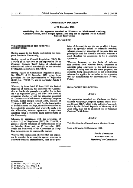82/963/EEC: Commission Decision of 30 December 1982 establishing that the apparatus described as 'Canberra - Multichannel Analyzing Computer System, model Scorpio System 3204' may not be imported free of Common Customs Tariff duties