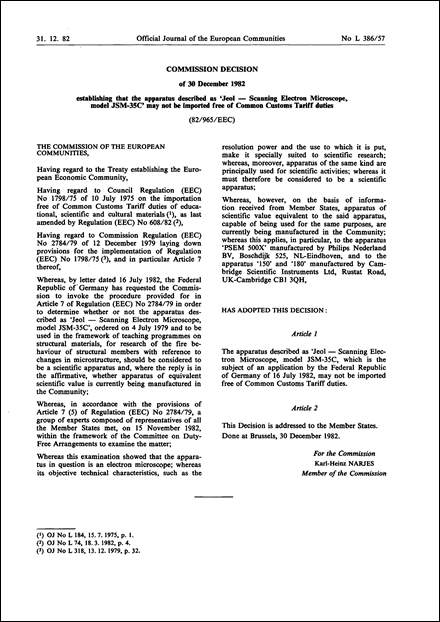 82/965/EEC: Commission Decision of 30 December 1982 establishing that the apparatus described as 'Jeol - Scanning Electron Microscope, model JSM-35C' may not be imported free of Common Customs Tariff duties