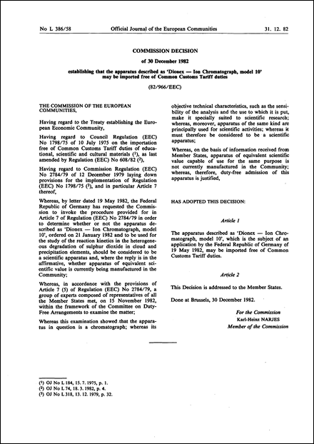 82/966/EEC: Commission Decision of 30 December 1982 establishing that the apparatus described as 'Dionex - Ion Chromatograph, model 10' may be imported free of Common Customs Tariff duties