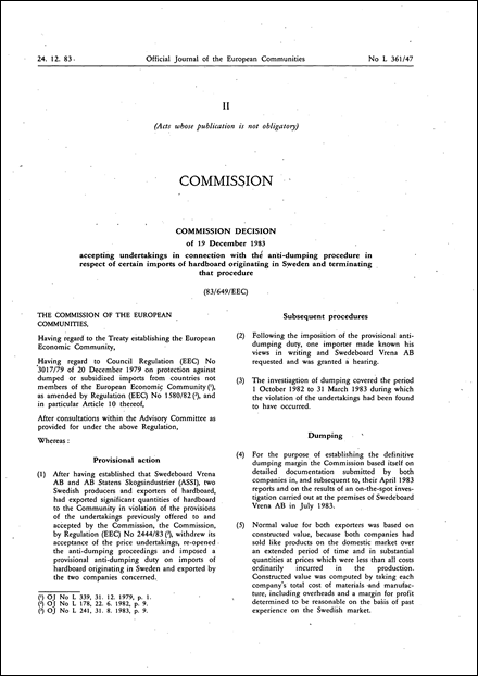 83/649/EEC: Commission Decision of 19 December 1983 accepting undertakings in connection with the anti-dumping procedure in respect of certain imports of hardboard originating in Sweden and terminating that procedure