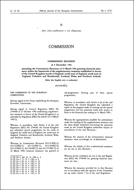 83/654/EEC: Commission Decision of 8 December 1983 amending the Commission Decisions of 23 March 1983 granting financial assistance within the framework of the supplementary measures established in favour of the United Kingdom (north of England, north-west of England, south-west of England, Yorkshire and Humberside, Scotland, Wales and Northern Ireland) (Only the English text is authentic)