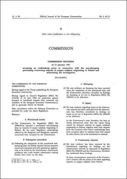 85/104/EEC: Commission Decision of 24 January 1985 accepting an undertaking given in connection with the anti-dumping proceeding concerning imports of copper sulphate originating in Poland and terminating the investigation