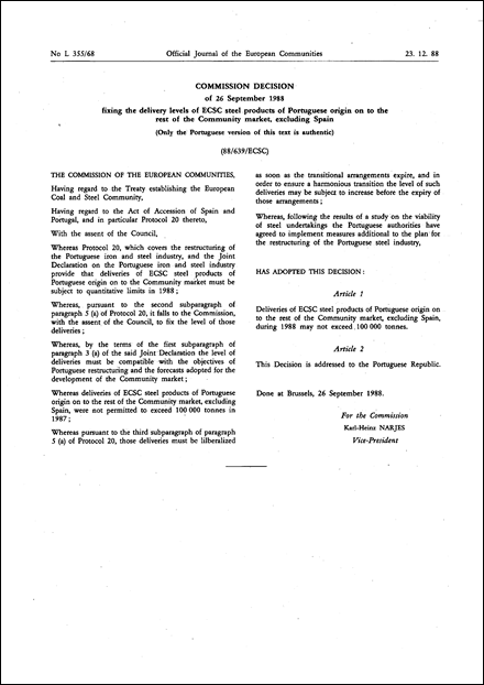 88/639/EEC: Commission Decision of 26 September 1988 fixing the delivery levels of ECSC steel products of Portuguese origin on to the rest of the Community market, excluding Spain (Only the Portuguese text is authentic)