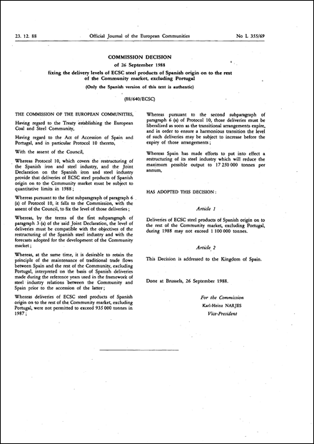 88/640/EEC: Commission Decision of 26 September 1988 fixing the delivery levels of ECSC steel products of Spanish origin on to the rest of the Community market, excluding Portugal (Only the Spanish text is authentic)