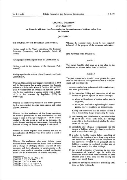90/217/EEC: Council Decision of 25 April 1990 on financial aid from the Community for the eradication of African swine fever in Sardinia