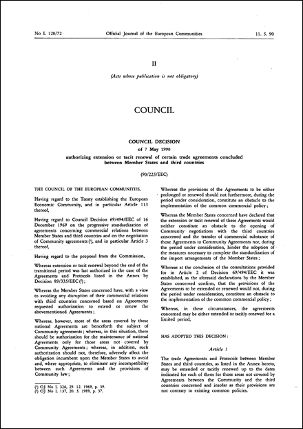 90/225/EEC: Council Decision of 7 May 1990 authorizing extension or tacit renewal of certain trade agreements concluded between Member States and third countries