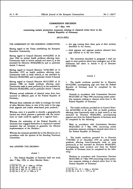 90/231/EEC: Commission Decision of 7 May 1990 concerning certain protection measures relating to classical swine fever in the Federal Republic of Germany