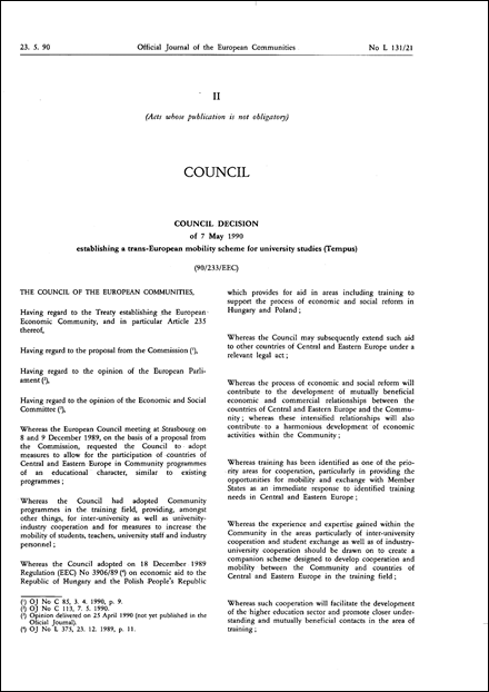90/233/EEC: Council Decision of 7 May 1990 establishing a trans-European mobility scheme for university studies (Tempus)