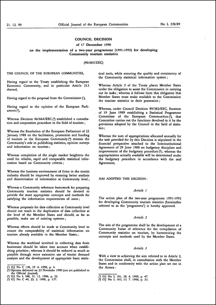 90/665/EEC: Council Decision of 17 December 1990 on the implementation of a two-year Programme (1991-1992) for developing Community tourism statistics