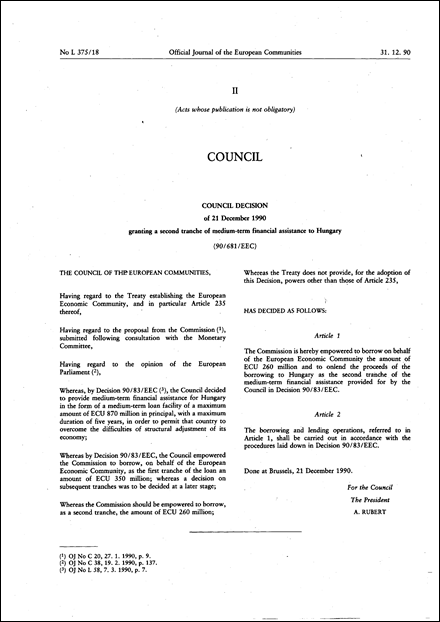 90/681/EEC: Council Decision of 21 December 1990 granting a second tranche of medium-term financial assistance to Hungary