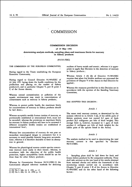 93/351/EEC: Commission Decision of 19 May 1993 determining analysis methods, sampling plans and maximum limits for mercury in fishery products