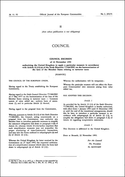 93 609 Ec Council Decision Of 22 November 1993 Authorizing The United Kingdom To Apply A