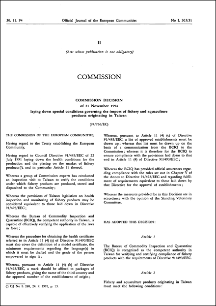 94/766/EC: Commission Decision of 21 November 1994 laying down special conditions governing the import of fishery and aquaculture products originating in Taiwan (repealed)