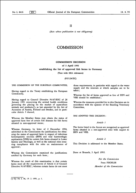 95/124/EC: Commission Decision of 3 April 1995 establishing the list of approved fish farms in Germany