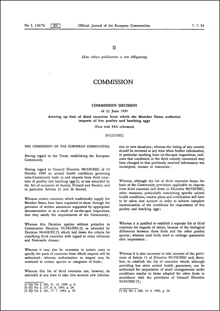 95/233/EC: Commission Decision of 22 June 1995 drawing up lists of third countries from which the Member States authorize imports of live poultry and hatching eggs (repealed)