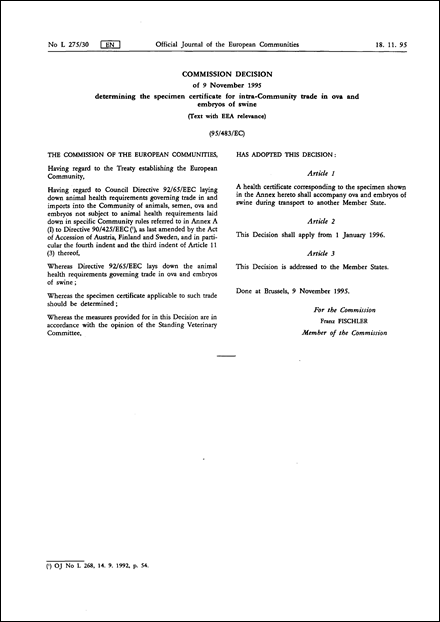 95/483/EC: Commission Decision of 9 November 1995 determining the specimen certificate for intra-Community trade in ova and embryos of swine (Text with EEA relevance)