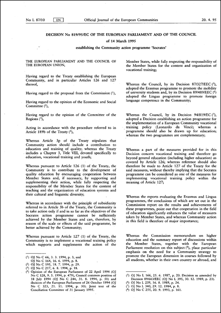 Decision No 819/95/EC of the European Parliament and of the Council of 14 March 1995 establishing the Community action programme 'Socrates'