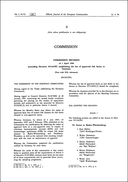 96/265/EC: Commission Decision of 1 April 1996 amending Decision 95/124/EC establishing the list of approved fish farms in Germany (Text with EEA relevance)