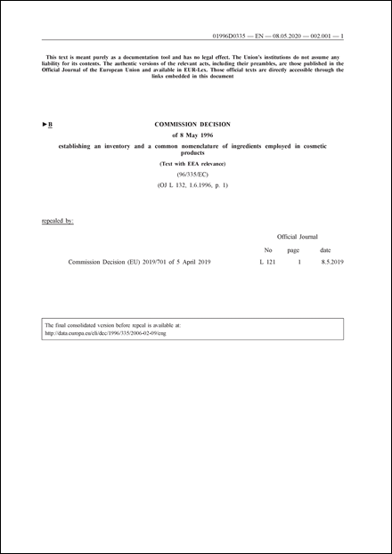 Commission Decision of 8 May 1996 establishing an inventory and a common nomenclature of ingredients employed in cosmetic products (Text with EEA relevance) (96/335/EC) (repealed)