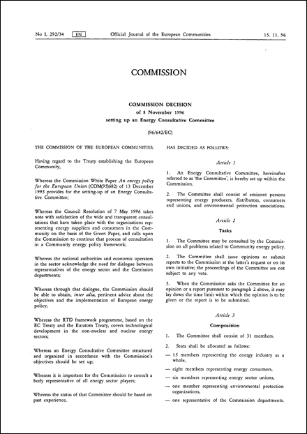 96/642/EC: Commission Decision of 8 November 1996 setting up an Energy Consultative Committee (repealed)