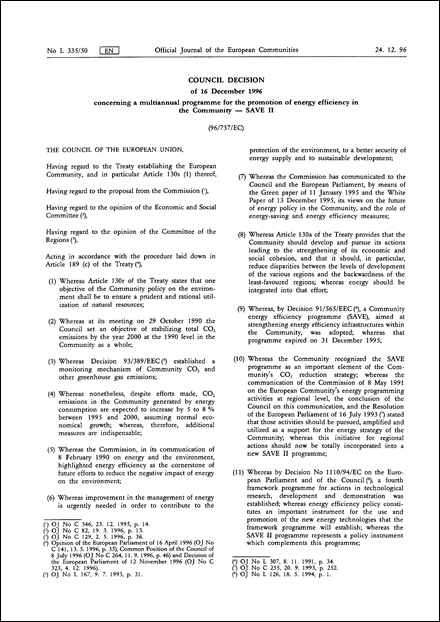 96/737/EC: Council Decision of 16 December 1996 concerning a multiannual programme for the promotion of energy efficiency in the Community - SAVE II