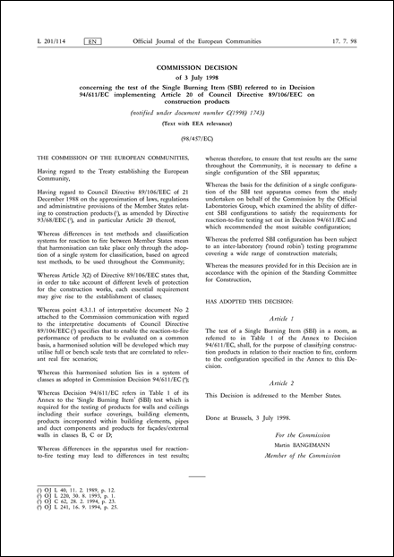 98 457 Ec Commission Decision Of 3 July 1998 Concerning The Test Of The Single Burning