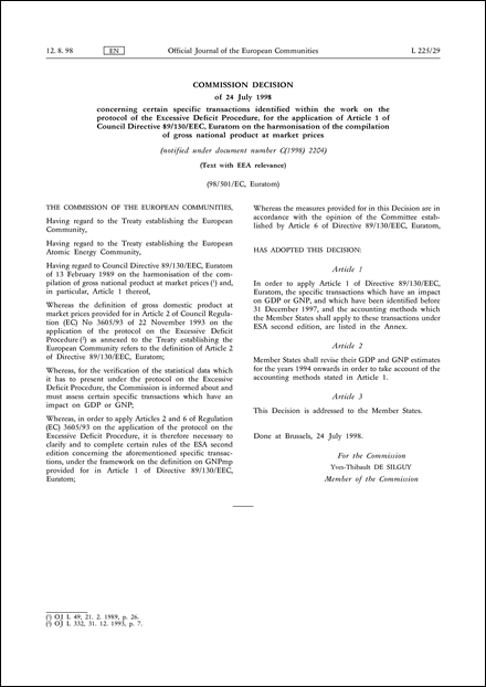 98/501/EC, Euratom: Commission Decision of 24 July 1998 concerning certain specific transactions identified within the work on the protocol of the Excessive Deficit Procedure, for the application of Article 1 of Council Directive 89/130/EEC, Euratom on the harmonisation of the compilation of gross national product at market prices (notified under document number C(1998) 2204) (Text with EEA relevance)