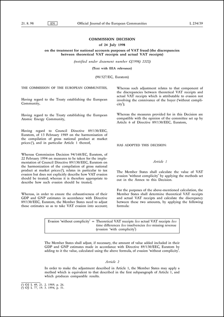 98/527/EC, Euratom: Commission Decision of 24 July 1998 on the treatment for national accounts purposes of VAT fraud (the discrepancies between theoretical VAT receipts and actual VAT receipts) (notified under document number C(1998) 2202) (Text with EEA relevance)