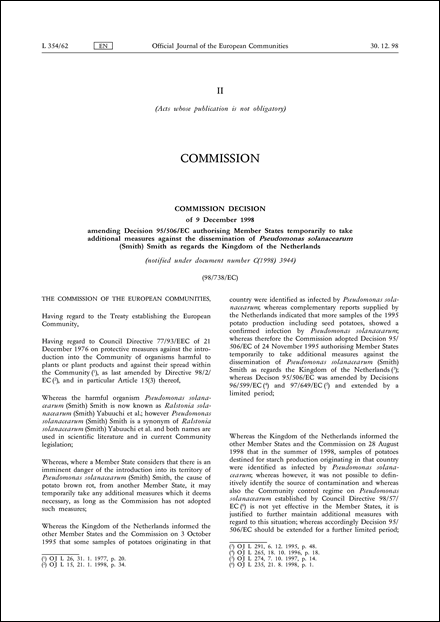 98/738/EC: Commission Decision of 9 December 1998 amending Decision 95/506/EC authorising Member States temporarily to take additional measures against the dissemination of Pseudomonas solanacearum (Smith) Smith as regards the Kingdom of the Netherlands (notified under document number C(1998) 3944)